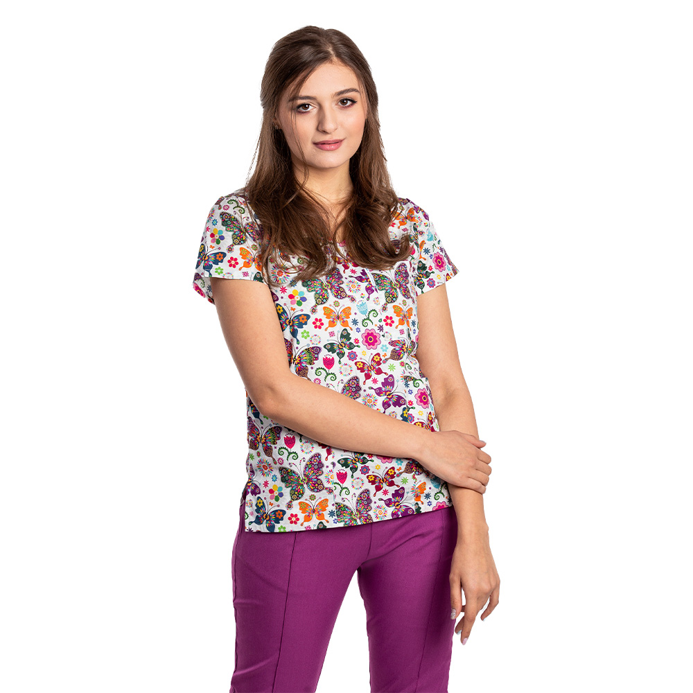 Costum medical stretch Fantasy cu bluza imprimata si pantaloni stretch magenta cu snur si elastic 5